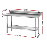 Cefito Stainless Steel  Kitchen  Bench w/ Splashback 1500x600MM 430