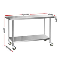Cefito 1524x610mm Stainless Steel Kitchen Bench with Wheels 430
