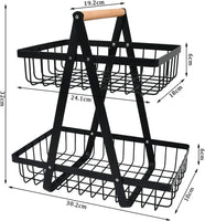 CARLA HOME 2-Tier Fruit Basket Stand for Kitchen Countertop for Fruits, Vegetables, Bread & Snacks with Wooden Handle