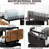 CARLA HOME 2-Tier Dish Drying Rack with Drainage Tray, Utensil Holder, Cup Hooks & Cutting Board Slot for Countertop Kitchen Storage (Black)