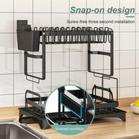 CARLA HOME 2-Tier Dish Drying Rack with Drainage Tray, Utensil Holder, Cup Hooks & Cutting Board Slot for Countertop Kitchen Storage (Black)