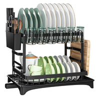 CARLA HOME 2-Tier Dish Drying Rack with Drainage Tray, Utensil Holder, Cup Hooks & Cutting Board Slot for Countertop Kitchen Storage (Black)