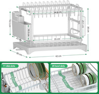 CARLA HOME 2-Tier Dish Drying Rack with Drainage Tray, Utensil Holder, Cup Hooks & Cutting Board Slot for Countertop Kitchen Storage (White)