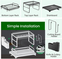 CARLA HOME 2-Tier Dish Drying Rack with Drainage Tray, Utensil Holder, Cup Hooks & Cutting Board Slot for Countertop Kitchen Storage (White)