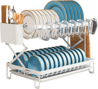 CARLA HOME 2-Tier Dish Drying Rack with Drainage Tray, Utensil Holder, Cup Hooks & Cutting Board Rack for Kitchen (White)