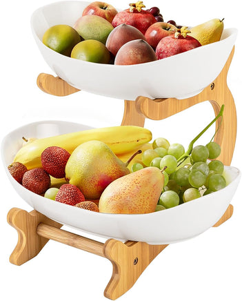 CARLA HOME 2-Tier Ceramic Fruit Bowl Basket with Bamboo Stand for Kitchen Counter, Snack Tray, Dessert Server & Vegetable Storage Rack