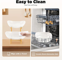 CARLA HOME 2-Tier Ceramic Fruit Bowl Basket with Bamboo Stand for Kitchen Counter, Snack Tray, Dessert Server & Vegetable Storage Rack