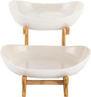 CARLA HOME 2-Tier Ceramic Fruit Bowl Basket with Bamboo Stand for Kitchen Counter, Snack Tray, Dessert Server & Vegetable Storage Rack