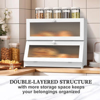 CARLA HOME Double Layer Bamboo Bread Box for Kitchen Counter - Large Capacity Bread Storage Container with Clear Window, Easy Assembly, Farmhouse Style Bread Holder (White)