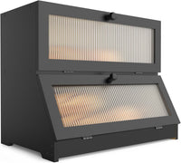 CARLA HOME Double Layer Bamboo Bread Box for Kitchen Counter - Large Capacity Bread Storage Container with Clear Window, Easy Assembly, Farmhouse Style Bread Holder (Black)