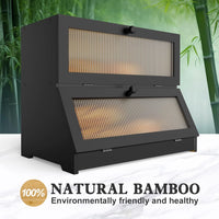 CARLA HOME Double Layer Bamboo Bread Box for Kitchen Counter - Large Capacity Bread Storage Container with Clear Window, Easy Assembly, Farmhouse Style Bread Holder (Black)