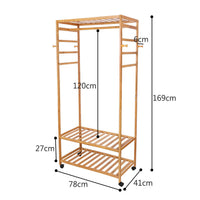 3-Tier Wooden Clothes Rack Rolling Garment Stand w/ Hooks