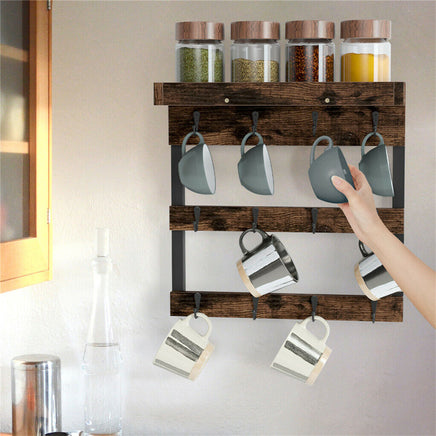 Wooden Wall Mounted Coffee Mug Rack 12 Hooks Cup Holder
