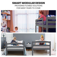 KINGSTON SLUMBER Single Bunk Bed Frame, Solid Pine 2-in-1 Modular Design, Converts to 2 Single Beds, For Kids, Grey