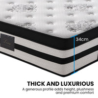 KINGSTON SLUMBER Luxury 34cm Single Mattress, Medium Firm, Euro Top, 5-Zone Pocket Spring Foam