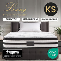 KINGSTON SLUMBER Luxury 34cm King Single Mattress, Medium Firm, Euro Top, 5-Zone Pocket Spring Foam