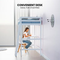 KINGSTON SLUMBER Wooden Kids Single Loft Bed Frame with Desk - White