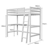 KINGSTON SLUMBER Wooden Kids Single Loft Bed Frame with Desk - White