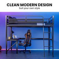 Gaming Loft Bed with Desk, Gridwall, Steel Metal Frame, Space Saving Design, for Single Mattress, Matte Dark Grey