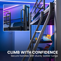 Gaming Loft Bed with Desk, Gridwall, Steel Metal Frame, Space Saving Design, for Single Mattress, Matte Dark Grey