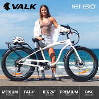 VALK Electric Fat Tyre Cruiser Bike, eBike with Throttle, White