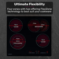 EuroChef 60cm 4 Zone Ceramic Cooktop, 6600W Electric, FlexiZone Adjustable Size Hobs, Touch Controls