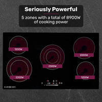 EuroChef 90cm 5 Zone Ceramic Cooktop, 8900W Electric, FlexiZone Adjustable Size Hobs, Touch Controls