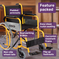 EQUIPMED Kids Paediatric Wheelchair, 100kg Rated, 110-140cm Rider Height, Quick Folding, Adjustable Footrests, 22" Wheels, Yellow