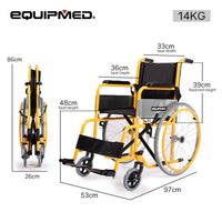EQUIPMED Kids Paediatric Wheelchair, 100kg Rated, 110-140cm Rider Height, Quick Folding, Adjustable Footrests, 22" Wheels, Yellow