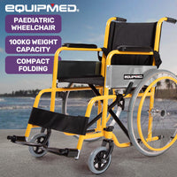 EQUIPMED Kids Paediatric Wheelchair, 100kg Rated, 110-140cm Rider Height, Quick Folding, Adjustable Footrests, 22" Wheels, Yellow