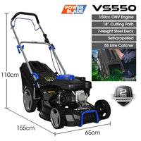 POWERBLADE 18" 150cc Self Propelled Lawn Mower, 7 Height, Steel Deck, 4-Stroke Petrol Lawnmower - VS550