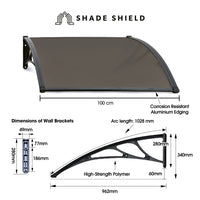 SHADE SHIELD 1x1m Aluminium Exterior Awning, Black DIY External UV Rain Protection Grey Tinted Polycarbonate Canopy Cover