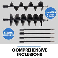 POWERBLADE PD950 52cc 2-Stroke Petrol Post Hole Digger, w/ 3 Auger bits, 600mm Extension Shaft