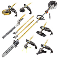 BAUMR-AG 65cc 7in1 Long Reach Garden Multi-tool, Pole Saw, Hedge & Line Trimmer, Brush Cutter, 12" Tree Trimming Pruning Chainsaw Bar, 2 Extension Shafts