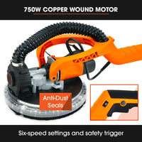 Unimac 225mm 750W Telescopic Long Reach Dry Wall Sander Kit, Foldable, Vacuum System, LED Worklight, 6x Sanding Discs