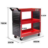 BULLET 3-Tier Steel Tool Trolley Cart for Workshop, Mechanic, with Pegboard, Screwdriver Bay, Red