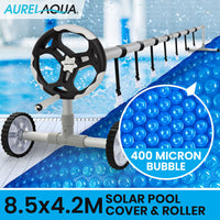 AURELAQUA Pool Cover Roller and 8.5x4.2m Solar Blanket 400 Micron, Blue/Blue