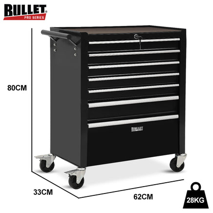 BULLET Pro 7 Drawer Tool Box Cabinet Trolley Storage, Toolbox Garage Organiser Set, Black