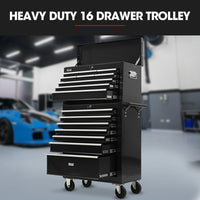 BULLET Pro 16 Drawer Tool Box Cabinet Chest Storage, Toolbox Garage Organiser Set, Black