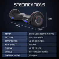 Bullet SX-2000 Hoverboard Scooter, 500W Brushless, Superior Self Balancing System, UL Certified, LED Lights, Black