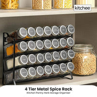 4 Tier Metal Spice Rack + 28 Glass Jars - Kitchen Pantry Herb Storage Organiser