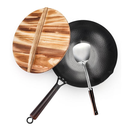 Kitchee 32cm Carbon Steel Wok Set Flat Bottom with Wood Lid + Spatula - Induction Ready