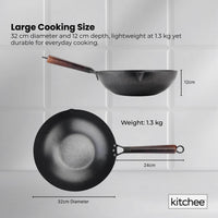 Kitchee 32cm Carbon Steel Wok Set Flat Bottom with Wood Lid + Spatula - Induction Ready