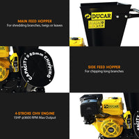 Ducar 89mm Key Electric Start Wood Chipper 420cc 15hp 4-stroke Engine Unleaded Petrol Garden Shredder Mulcher Grinder - 601c Black