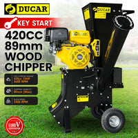 Ducar 89mm Key Electric Start Wood Chipper 420cc 15hp 4-stroke Engine Unleaded Petrol Garden Shredder Mulcher Grinder - 601c Black