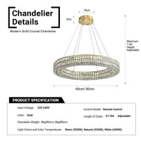 BAMDECOR C3332/1  Round Luxury Crystal Chandelier Modern LED Crystal Chandelier LED Ring Pendant Light Stainless Steel Ceiling Lamp Hanging Lights,for Dining Living Room (Gold)