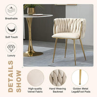 SERENITà Ivory Modern Hand Weaving Dining Chairs,Velvet Upholstered Side Chairs with Gold Legs, Chic Vanity Chairs with Armrest, Accent Chair for Dining Room, and Cafe Set of 2