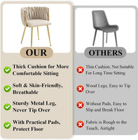 SERENITà Ivory Modern Hand Weaving Dining Chairs,Velvet Upholstered Side Chairs with Gold Legs, Chic Vanity Chairs with Armrest, Accent Chair for Dining Room, and Cafe Set of 2