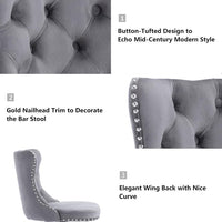 Gray Velvet Bar Stools Adjustable Swivel Counter Height Chairs with Tufted Back and Nailhead Trim for Kitchen Island Pub Restaurant (2Pcs, Chrome Metal, Grey)