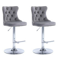 SERENITà Gray Velvet Bar Stools Adjustable Swivel Counter Height Chairs with Tufted Back and Nailhead Trim for Kitchen Island Pub Restaurant (2Pcs, Chrome Metal, Grey)